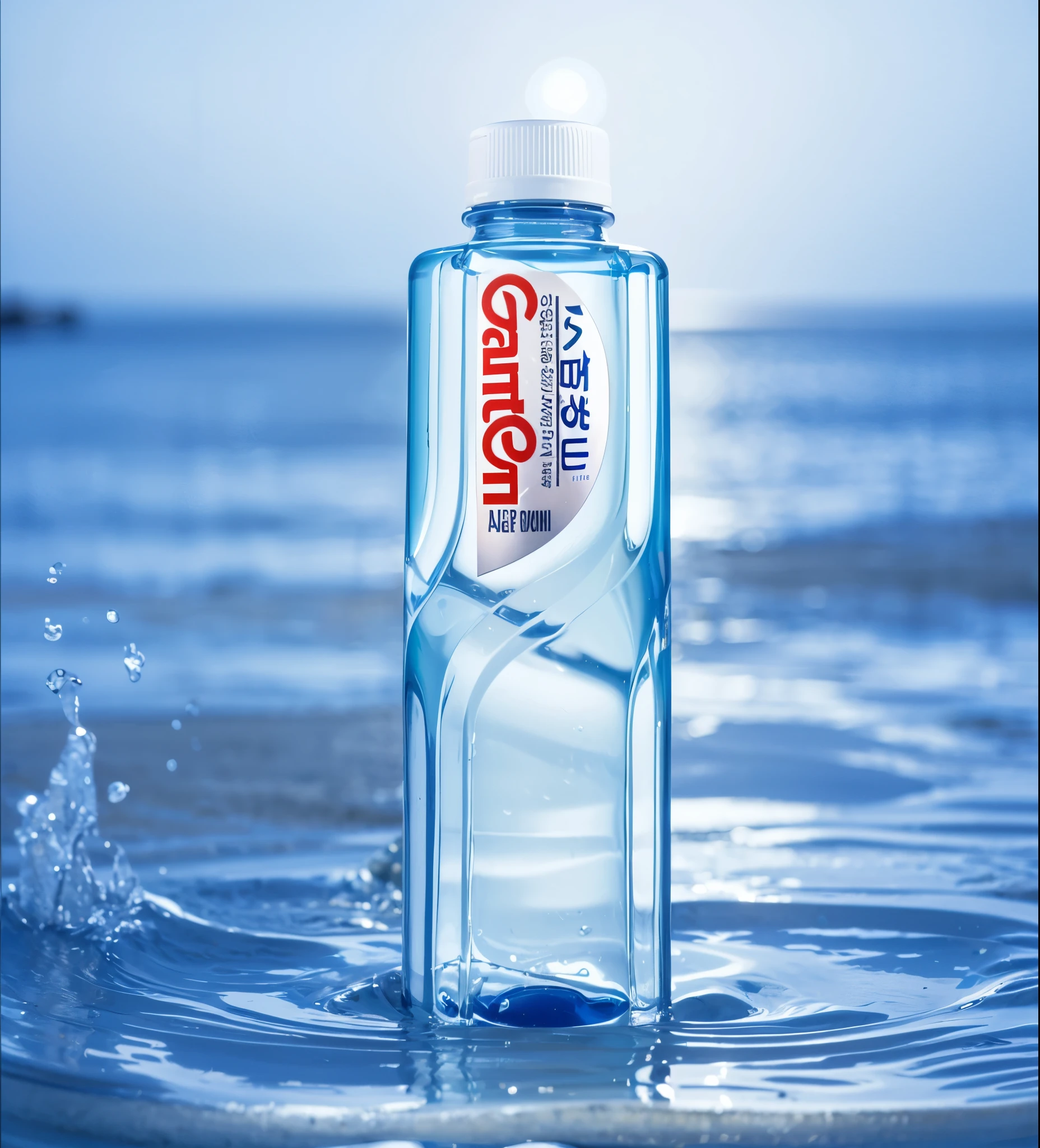  A high-quality advertisement for water, featuring an illustration of the brand name 'Concentric' in white on a blue background. The product is a plastic bottle with a label displaying its various features and a logo that captures attention through vivid colors. A clear photo showcases crystal-clear, refreshing waters in motion against a light blue backdrop, emphasizing purity and freshness. This visual representation creates an attractive packaging design for Concentric's mineral water.