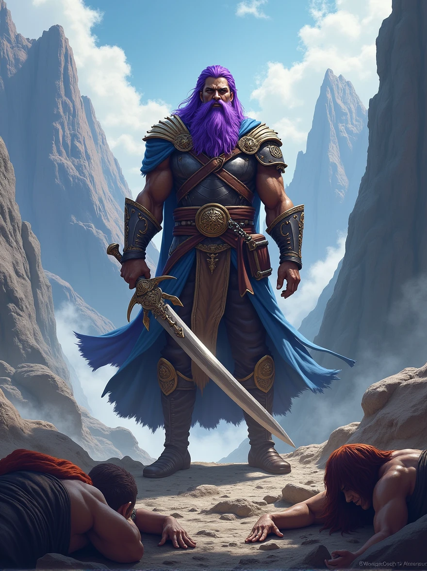 Illustrate a scene featuring a character from a fantasy video game. The character has dark skin and vibrant purple hair, complemented by a thick, full beard that descends to cloak his neck. He's triumphantly holding a majestic sword, his presence dominating a rocky mountain landscape harshly scarred from battle. The ground is scattered with the defeated bodies of other fallen characters as he stands alone, the sole survivor of this epic conflict.