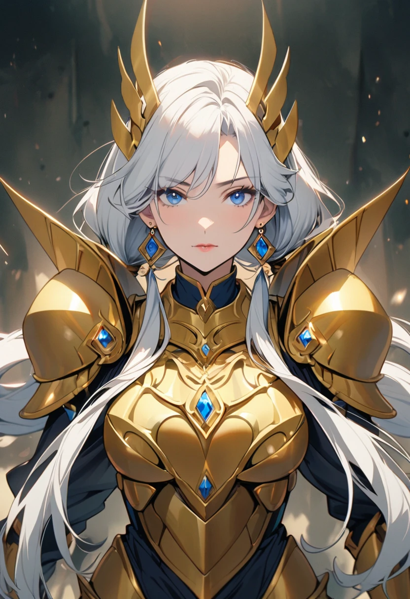 girl, mature, white hair, blue eyes,diamond earings, golden armor, long hair, low twin tails,, adult, front face 