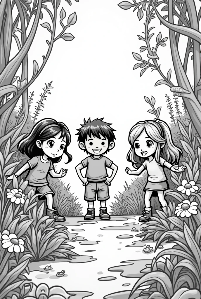 Comic style black and white picture  of three[2 girls 1 boy] children in a playing secret  garden 