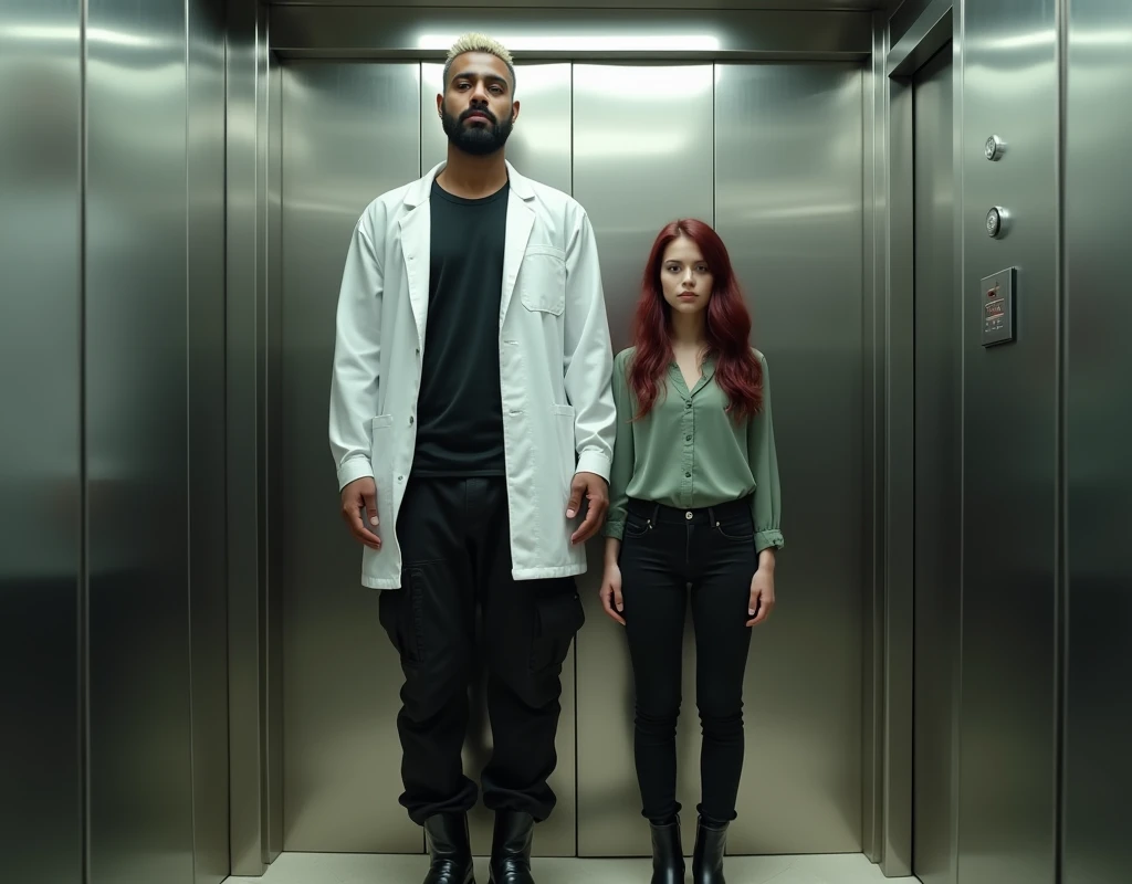 Very tall attractive Arab man (height exaggerated:1.9), standing inside an elevator. He has platinum blond wavy swept-back crew cut hair, dark skin, long black stubble, wearing a white lab coat over a black t-shirt, black cargo pants, and black boots. Next to him is a very short young woman (170 cm tall, reaching only to the man's mid-shoulder), with pale skin, vibrant maroon side-parted long wavy layered hair. She is wearing a soft green silk work blouse, low-rise black pants, and black boots. Hip shot, cinematic.