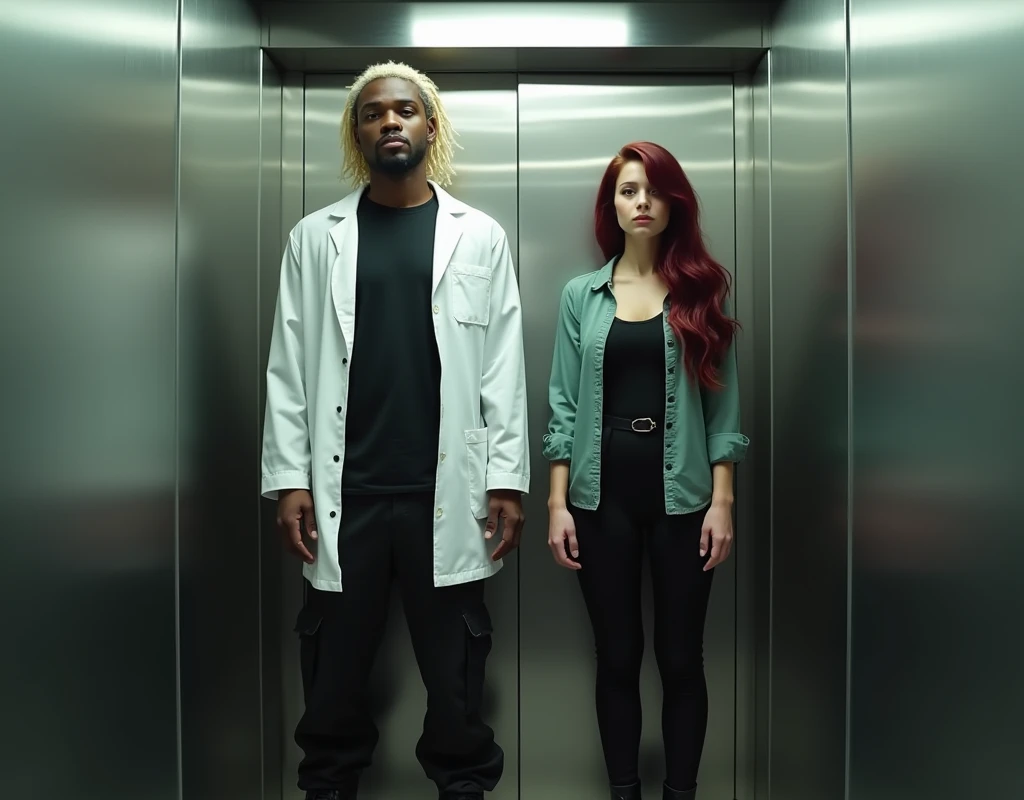 Very tall attractive Arab man (height exaggerated:1.9), standing inside an elevator. He has platinum blond wavy swept-back crew cut hair, dark skin, long black stubble, wearing a white lab coat over a black t-shirt, black cargo pants, and black boots. Next to him is a very short young woman (170 cm tall, reaching only to the man's mid-shoulder), with pale skin, vibrant maroon side-parted long wavy layered hair. She is wearing a soft green silk work blouse, low-rise black pants, and black boots. Hip shot, cinematic.