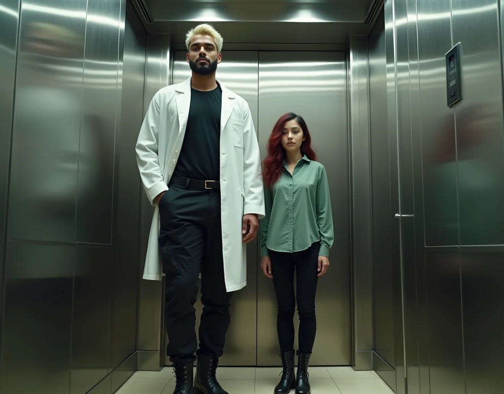 Very tall attractive Arab man (height exaggerated:1.9), standing inside an elevator. He has platinum blond wavy swept-back crew cut hair, dark skin, long black stubble, wearing a white lab coat over a black t-shirt, black cargo pants, and black boots. Next to him is a very short young woman (170 cm tall, reaching only to the man's mid-shoulder), with pale skin, vibrant maroon side-parted long wavy layered hair. She is wearing a soft green silk work blouse, low-rise black pants, and black boots. Hip shot, cinematic.