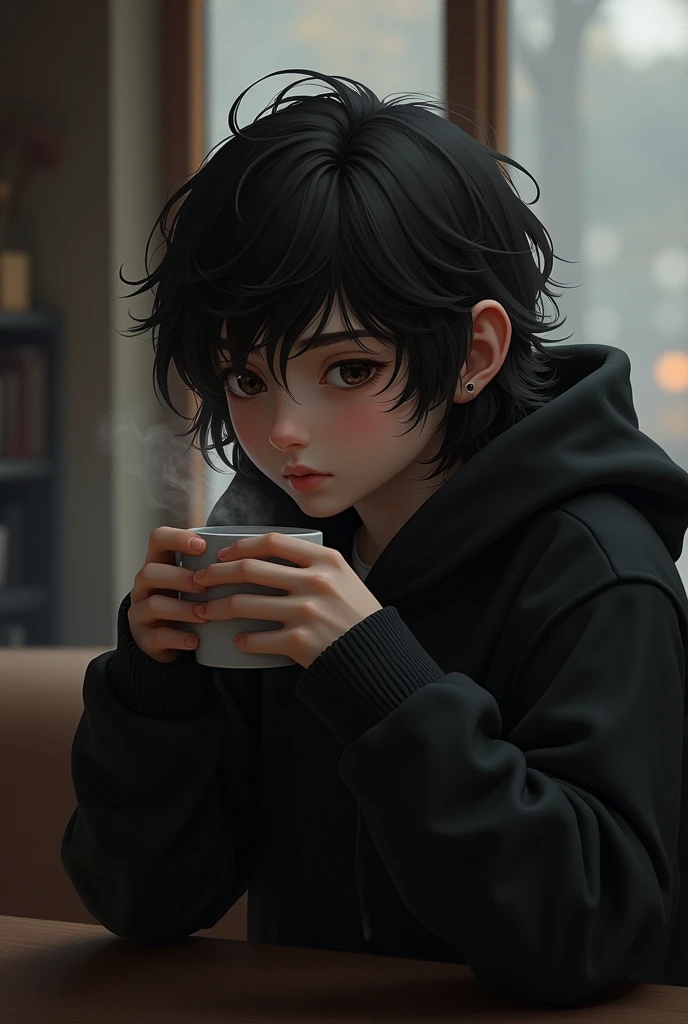 Boy with black long hair brown eyes white skin 
wear black hudi and drink a coffee