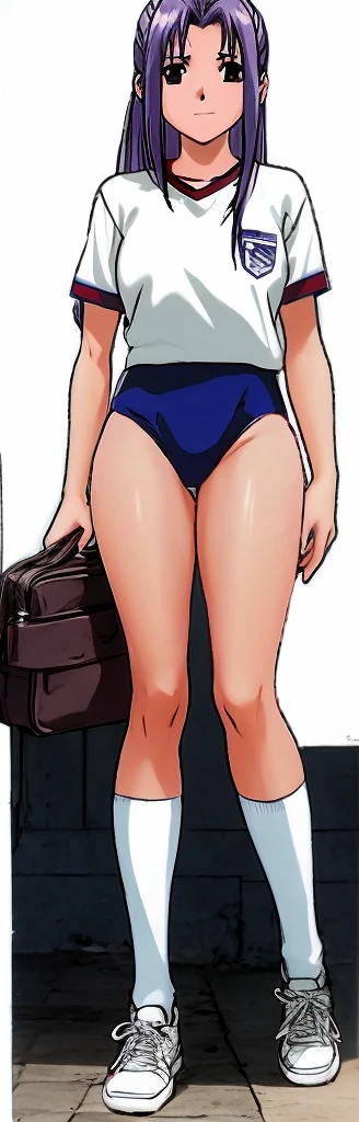 Momoko Koigakubo, a tall girl with beautiful legs, is standing with her legs spread to the side in a white gym uniform and light navy blue bloomers that look like panties.。