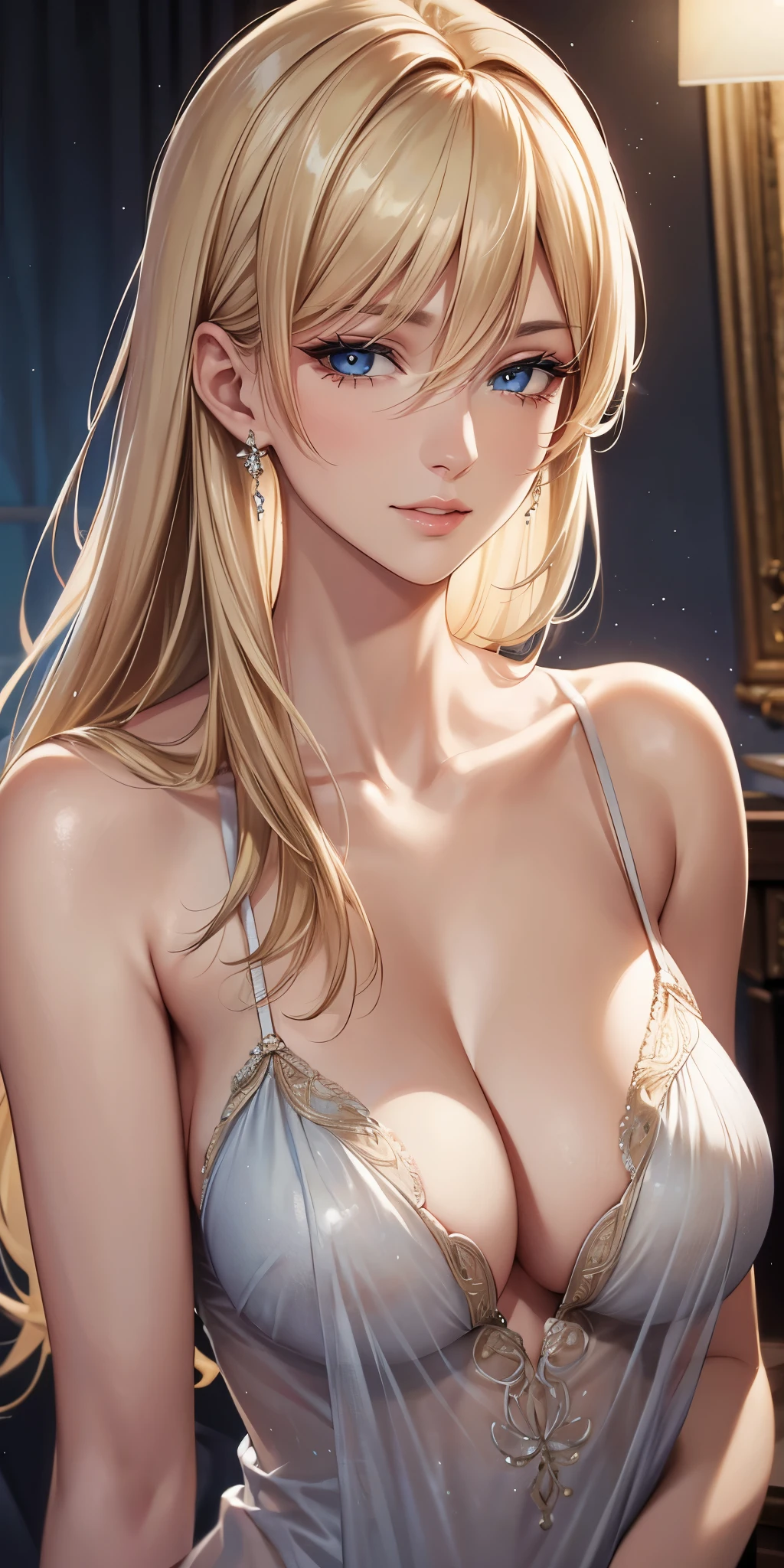Elegant mature woman, Mature Woman, Long blonde hair, blue eyes, Soft Light, Detailed, 4K resolution, high quality,Sheer camisole