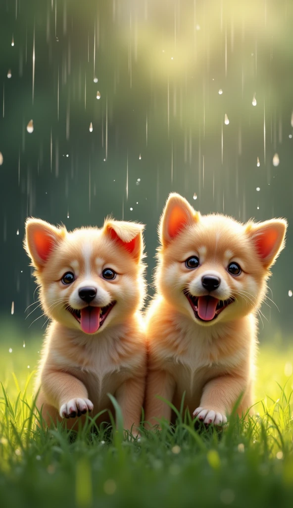 Masterpiece, great composition, two puppies playing, laughing, on the grass, a little rain, wet puppy in the rain, happy expression, soothing. Beautiful details and colors.