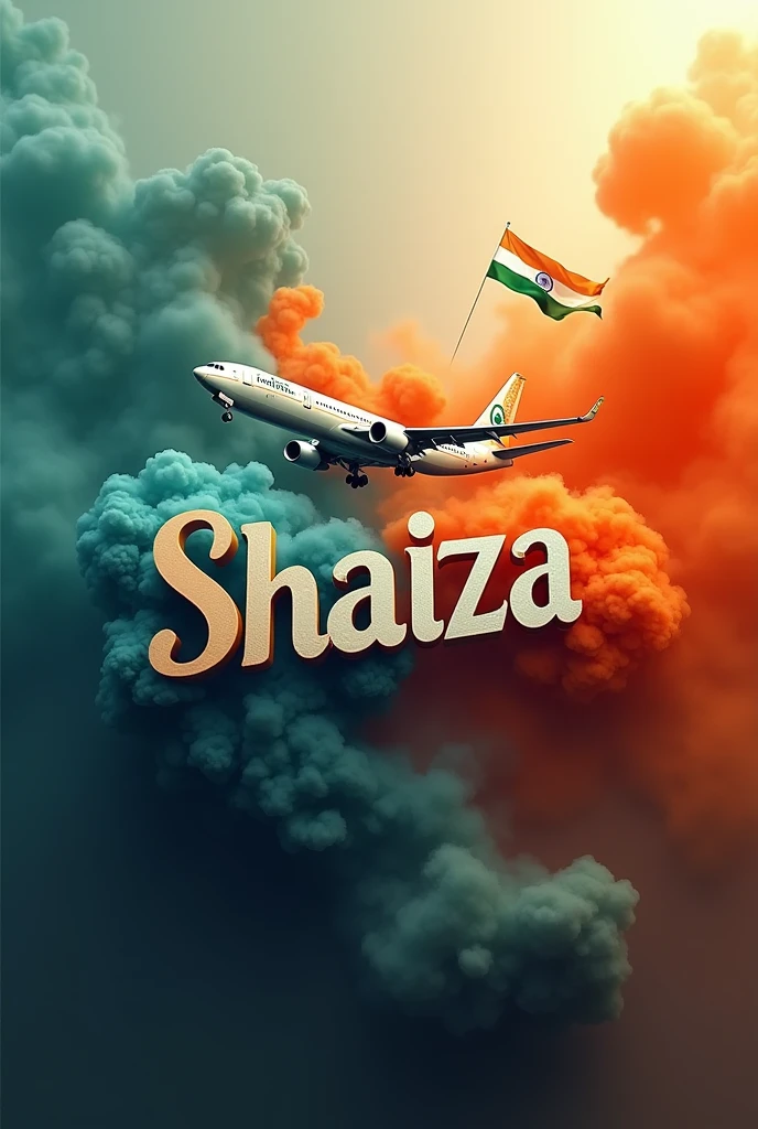 Name "Shaiza" smoke tricolour background with big Indian flag , smoke text from big aroplane. stylish in front 3D rendering, typography, 3d render, poster, fashion