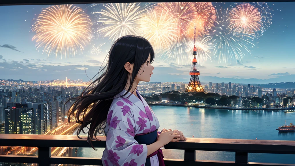 Shiraishi Mei, Looks exactly like Shiraishi Mei、Time is night、Tokyo Tower in the background、Big fireworks、Oceanの方を向いている後ろ姿、Woman looking up at the sky ,Long Hair, Black Hair,, Photo from the side, Realistic, Highest quality, Detailed face, , Ocean, Embankment, Detailed Background,, Written boundary depth, Bokeh (Highest quality: 1.2), (masterpiece: 1.2), Watch Viewer, yukata ,Vision、(((Panorama:1.2)))