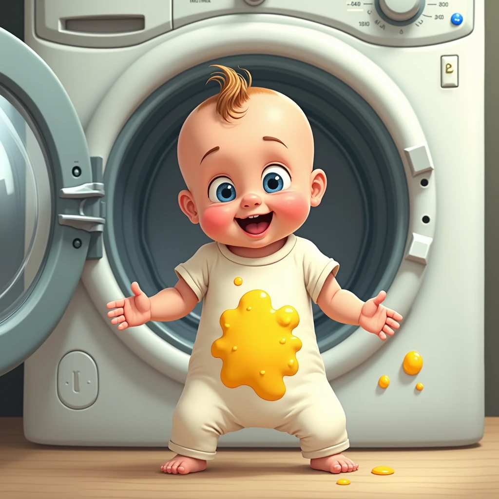 Movie Poster. Title “A Quantum of Pee”. You see a baby onesie with a yellow stain.. An open washing machine in the background. Funny baby. Stil Comic