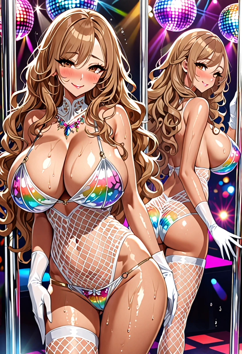 (Highest quality, Ultra-high resolution、The most complex and detailed depiction、masterpiece、8k, RAW Photos, Best image quality、Very detailedな顔、Attention to detail、Beautiful woman、Realistic、photo-Realistic、Very detailed, Beautiful attention to detail:1.5),(One adult woman:1.3)、(blush)、(Gal-style makeup、mascara 、eyeshadow、Dark eyeliner、Long and beautiful eyelashes、False eyelashes、double eyelid、heavy makeup、hostess、Brown eyes、:1.5),(A bra with a pale rainbow gradient butterfly pattern、Light rainbow gradient butterfly pattern panties:1.5)、Gorgeous jeweled necklace、Gold bracelet、A gorgeous gold tiara studded with jewels、Sheer white lace dress、Mesh fabric、White fishnet stockings,White opera gloves、(A seductive smile),(under boob、Huge breasts:1.2)、(Cleavage:1.2)、(((Light brown hair、Wavy Hair、Long Hair)))、elongated nose、Face with gills、(Very tanned and shiny skin、Perfect Style,sexy)、Saggy breasts、Large saggy breasts、((Sweat、Your body is wet))、((Dim Club、pole dance))、(Mirror ball)、Sleepy face