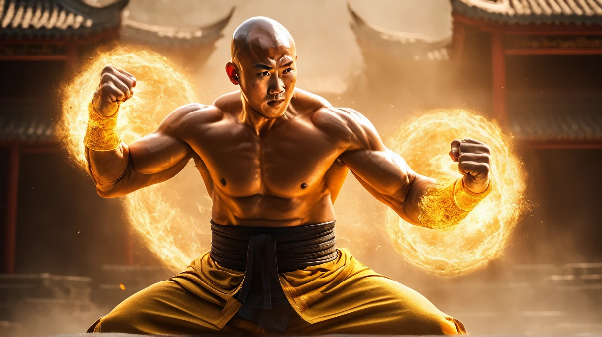 award-winning professional full body fantasy fitness portrait of a Chinese monk like Tenshinhan Dragon Ball Z style,third eye, Chinese ancient style,  kung-fu stance, realistic detailed sweat tanned skin, Imminent fight,furious open-mouthed detailed face, to spend, ultra-detailed burned hands and fingers, high-quality burning hands and fingers, (clenched fists radiating yellow light from within, transparent fist skin, venat, ossos:1.6),( aura of power, aura of power, distorted air around him:1.6), motion-blur, filmation, Photographic realism, movie film still, movie film still, cinematic, cinematic shot, cinematic lighting, forgotten Buddhist temple background,  crazy details, film grain, ultra high definition, CG rendering, volumetric lighting, engine unreal, 