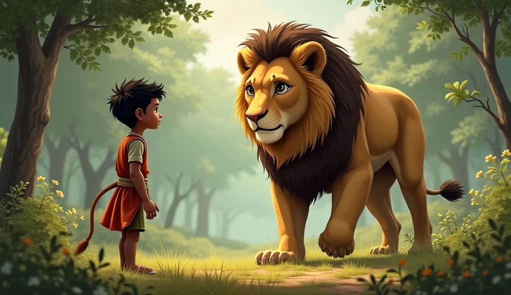 Rajoo, looking curious and brave, approaches the lion and asks him a question.