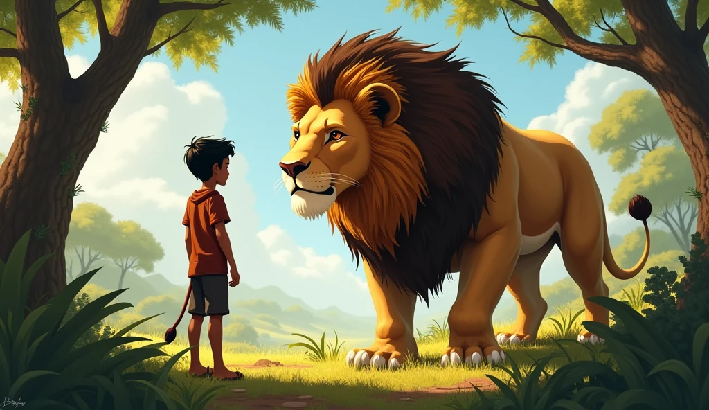 Rajoo, looking curious and brave, approaches the lion and asks him a question.