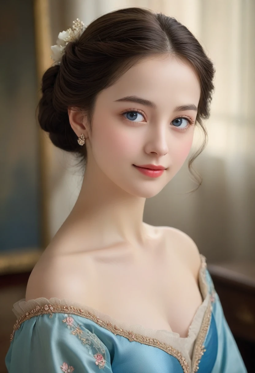 (High resolution,masterpiece:1.2),(Realistic:1.37)"(Highest quality, High resolution, Very detailed, Realistic),A beautiful portrait of a 19th-century beauty, (She is half French and half Japanese., She is a beautiful woman with deep blue eyes and a high nose.:1.1), Exquisite ballet costumes, Detailed facial features, Long and graceful neck, Long, flowing hair, Graceful posture, Soft and delicate lighting, Classical Oil Painting Medium, Vibrant colors, Delicate background with floral motifs", (Her hair is down,, very long and flowing down her back), Trimmed bangs, she is smiling very beautifully and looking at me