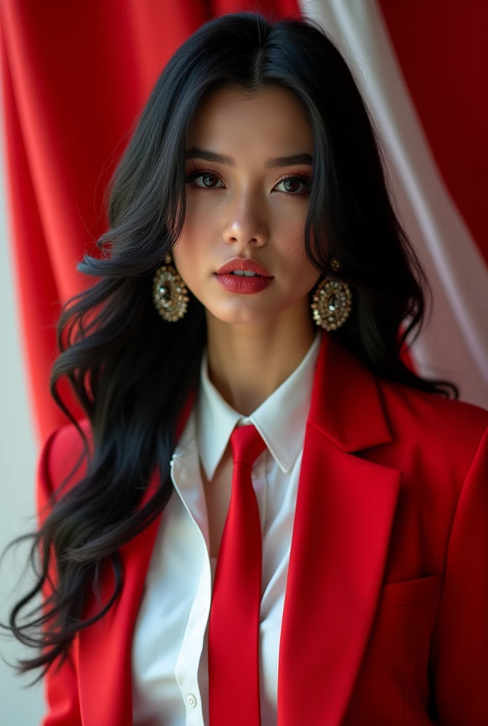 Portrait, Beauty Woman, Focus Camera, Black Hair, Long Hair, Earring, Shirt White, Blazer Red, Tie Red, model editorial poses, red and white cloth background