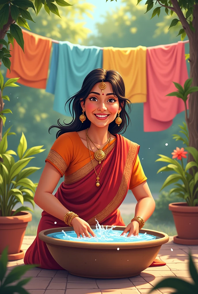 Indian mom cartoon washing clothes  