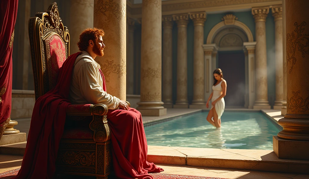 create: "NON-YOUTUBE VIDEO LAYER" 
 a man named king david who was red-haired, sitting on his throne in his palace watching a beautiful woman taking a bath in the palace


