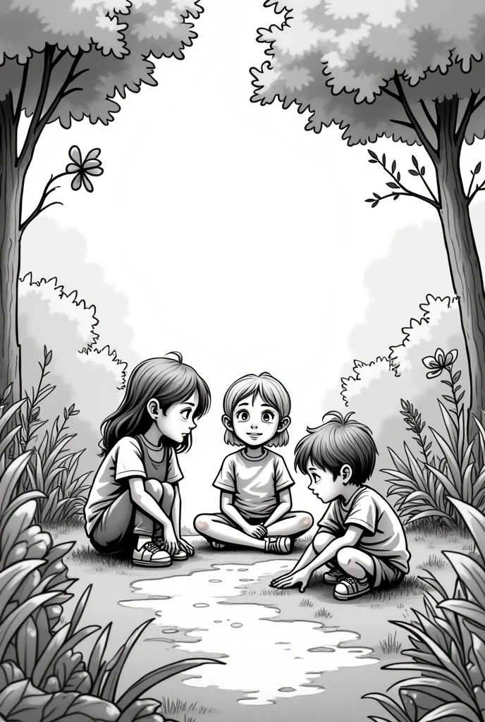 Landscape Comic style black and white picture  of three[2 girls 1 boy] children in a playing secret  garden 