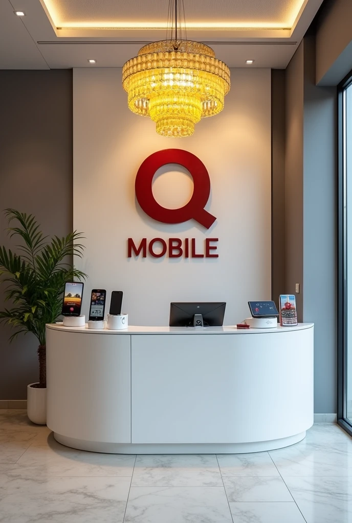 Entries View of the mobile shop, with right left mobiles rage, gray or white accents, a warm yellow crystal chandelier, and a shop logo on the wall behind the reception desk, "Q MOBILE." ", there is right left mobiles on the stands, "Q" is red and "MOBILE" color is black.