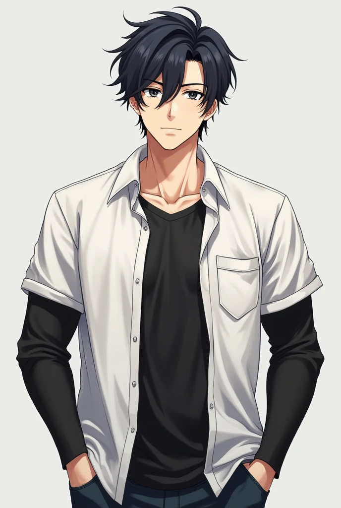 27-year-old white anime boy with blue lock art, black hair parted on the side with little volume, side part at eye level, wearing a casual button-down shirt without creases on the black arm, no pockets, open with a regular shirt underneath, neutral expression with black eyes, with a strong and defined physique, less cute full body front photo