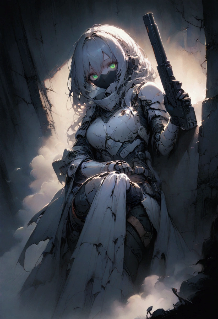 Dark and eerie environment,girl in tactical sci-fi white armor leaning against the wall and points gun at viewer,Intricate details designed for combat in space or hostile environments, Shrouded in darkness with lurking shadows and fog creating ominous glow around post lamps.Light streaks highlight specific areas while casting ominous shadows elsewhere to create dramatic effect