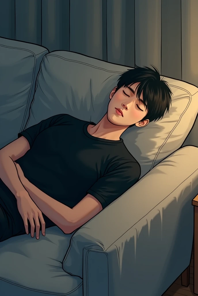 realistic manhwa art of a man sleeping on a sofa, memiliki rambut model comma, black short shirt. fair skin