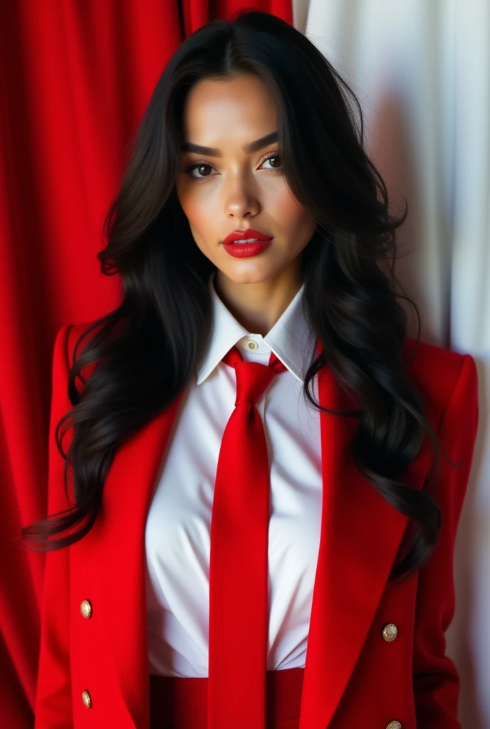 Portrait, Beauty Woman, Focus Camera, Black Hair, Long Hair, Earring, Shirt White, Blazer Red, Tie Red, model editorial poses, red and white cloth background