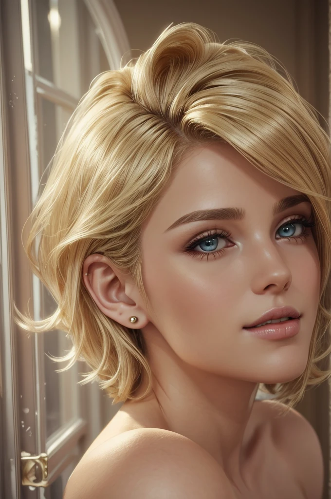 beautiful young woman with shoulder-length blonde hair styled in a wavy bob. She has dark green eyes, pale skin, and soft, natural makeup. She is wearing a simple white top and pearl stud earrings. The background is blurry and neutral. The image is highly realistic and detailed, with a focus on the woman's face and expression.
Style: Photorealistic, hyperrealistic, or 3D render.
Lighting: Soft, natural lighting.
Mood: Serene, calm, and confident.