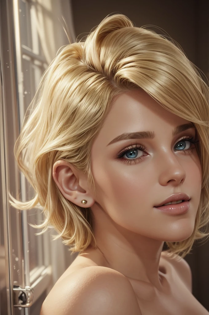 Best-quality, Masterpiece, Ultra-High-Resolution, (Photorealistic:1.4), Raw-Photo, Extremely-Details, Perfect-Anatomy, 1girl, most popular actress, portrait, grinning, extremely beautiful sexy face, amazingly sexual arousing face, extremely beautiful big green solid circle eyes, extremely beautiful blonde short cut haired, extremely beautiful realistic skins, extremely beautiful lips, extremely beautiful long eyelashes, detailed sexy face, detailed sexual arousing face, detailed eyes, detailed blonde hair, detailed realistic skins, detailed lips, detailed long eyelashes.  ((Topless, naked, nude.  Bare shoulders, bare neck, bare chest.  Medium breasts, small nipples, bare navel)).  Waist up medium full shot.