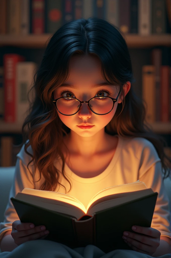 A teenage girl with specs reading a book 