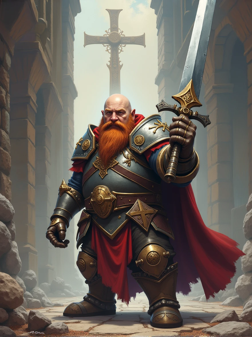 Depict a fantasy scene with a medieval-inspired setting. The central character of this scene should be a short, stocky figure, reminiscent of a dwarf. This figure, who could be either male or female from any descent, is a paladin, embodying virtuous and divine characteristics. The dwarf paladin is outfitted with the right tools for their role - heavy armor intricately detailed with holy symbols, and a magnificent two-handed sword that's nearly as tall as they are, a testament to their strength and bravery. The character and its setting should be reminiscent of a Dungeons and Dragons game, known for its complexity and richness in storytelling.