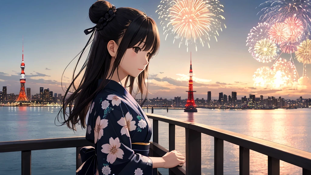 Shiraishi Mei, Looks exactly like Shiraishi Mei、solo、Bun Hair。Time is night、Tokyo Tower in the background、Big fireworks、Oceanの方を向いている後ろ姿、Woman looking up at the sky ,Long Hair, Black Hair,, Photo from the side, Realistic, Highest quality, Detailed face, , Ocean, Embankment, Detailed Background,, Written boundary depth, Bokeh (Highest quality: 1.2), (masterpiece: 1.2), Watch Viewer, yukata ,Vision、(((Panorama:1.2)))