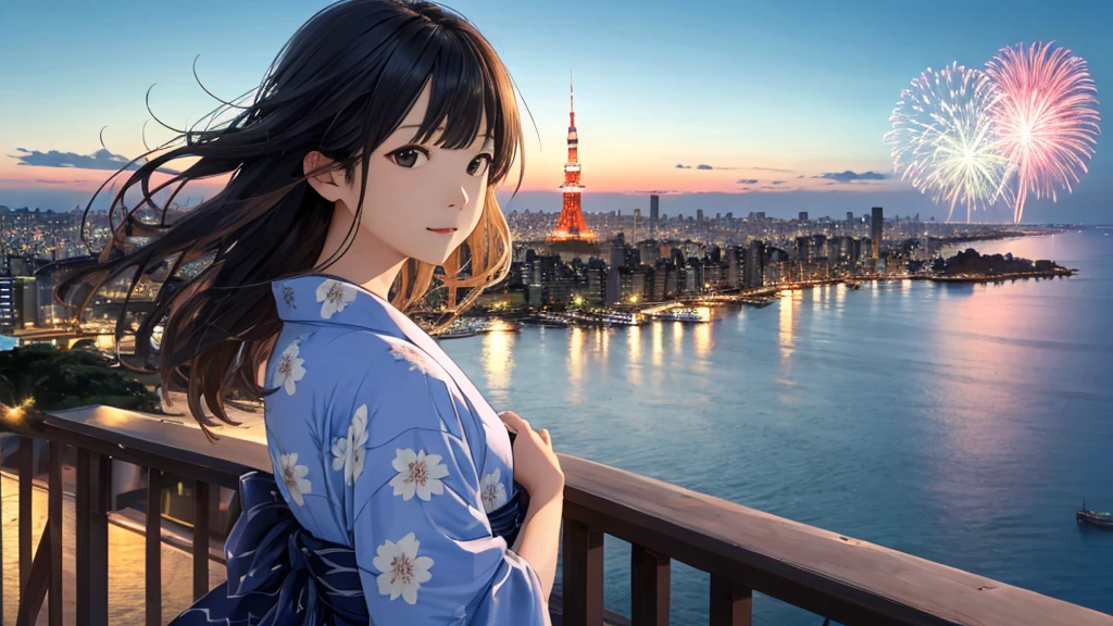 Shiraishi Mei, Looks exactly like Shiraishi Mei、solo、Bun Hair。Time is night、Tokyo Tower in the background、Big fireworks、Oceanの方を向いている後ろ姿、Woman looking up at the sky ,Long Hair,  Black Hair,, Photo from the side, Realistic, Highest quality, Detailed face, , Ocean, Embankment, Detailed Background,, Written boundary depth, Bokeh (Highest quality: 1.2), (masterpiece: 1.2), Watch Viewer, yukata ,Vision、(((Panorama:1.2)))