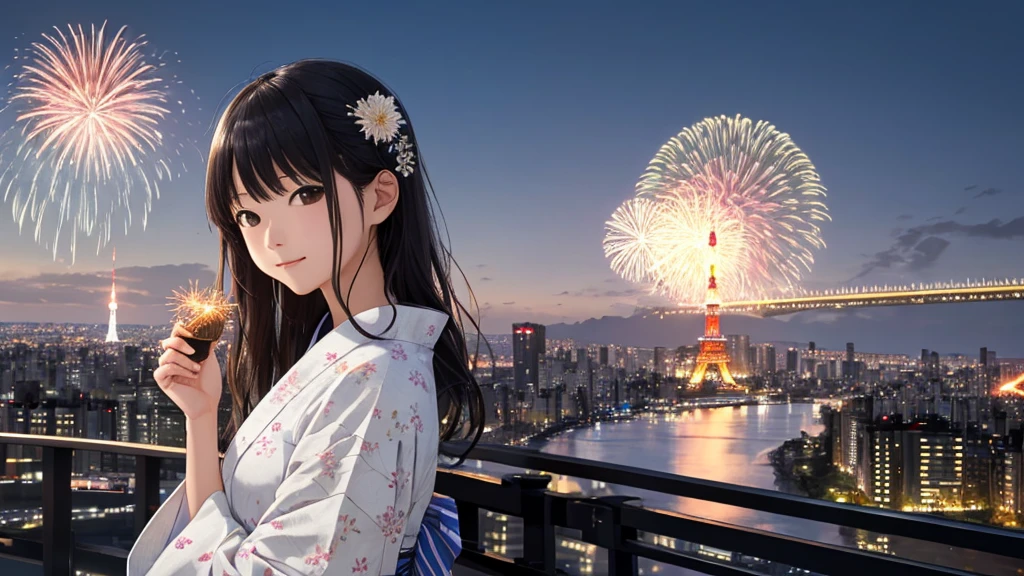 Shiraishi Mei, Looks exactly like Shiraishi Mei、solo、Bun Hair。Time is night、Tokyo Tower in the background、Big fireworks、Oceanの方を向いている後ろ姿、Woman looking up at the sky ,Long Hair, Black Hair,, Photo from the side, Realistic, Highest quality, Detailed face, , Ocean, Embankment, Detailed Background,, Written boundary depth, Bokeh (Highest quality: 1.2), (masterpiece: 1.2), Watch Viewer, yukata ,Vision、(((Panorama:1.2)))
