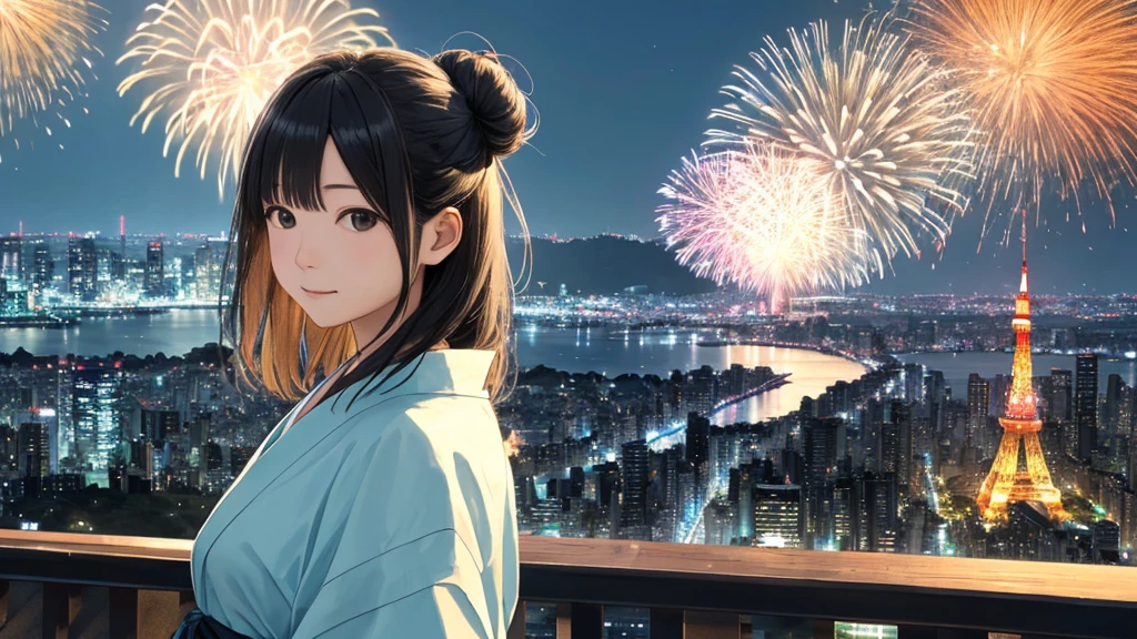 Shiraishi Mei, Looks exactly like Shiraishi Mei、solo、Bun Hair。Time is night、Tokyo Tower in the background、Big fireworks、Oceanの方を向いている後ろ姿、Woman looking up at the sky ,Long Hair, Black Hair,, Photo from the side, Realistic, Highest quality, Detailed face, , Ocean, Embankment, Detailed Background,, Written boundary depth, Bokeh (Highest quality: 1.2), (masterpiece: 1.2), Watch Viewer, yukata ,Vision、(((Panorama:1.2)))