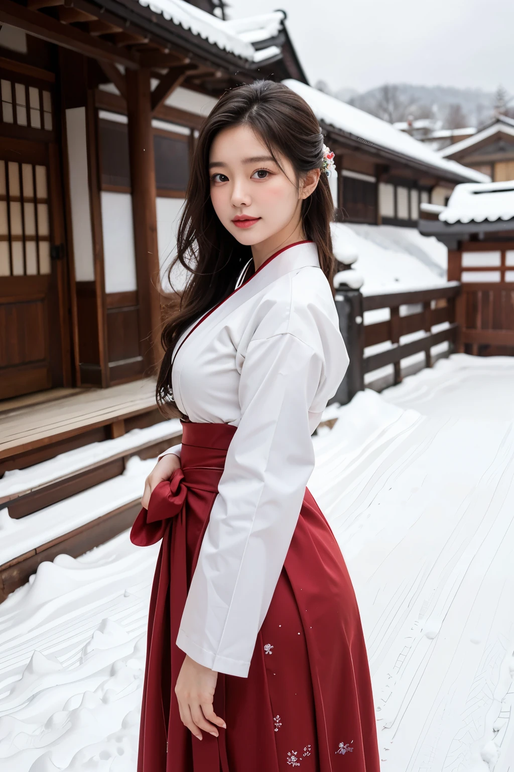 Wearing Hanbok, snowy background, Hanok