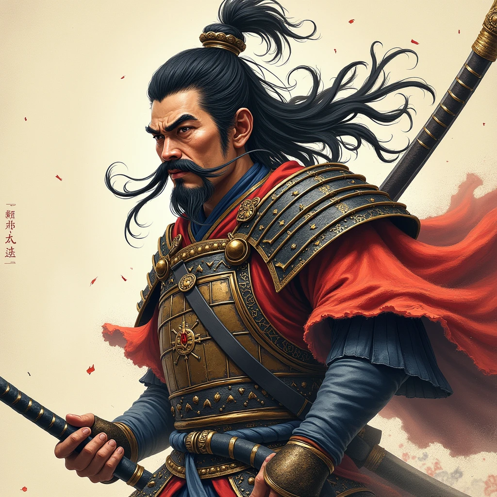 Three Kingdoms,Attache,Shogun,Shouting threats towards here,Battle,Imperial Army,Attack,Strong winds,Tiger Whiskers,Ready to die,Martial God,Frizzed and tangled hair,Fantasy,A painting drawn with ink.,A hood with decorations that suggest high social standing,A helm of high rank,ancient China,Muscle々,Strong bones,Hulk,