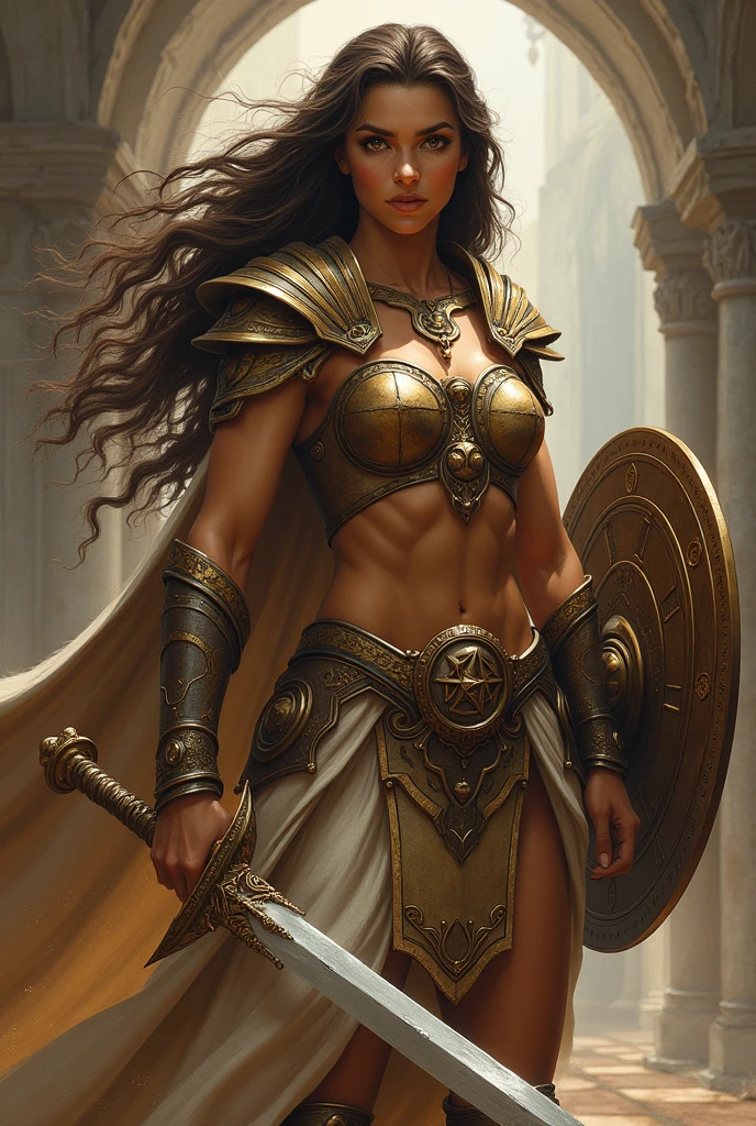 A goddess with long brown wavy hair with a strong features, and have a sword and shield she can use her brown eyes to control someone and a masculine body and tanned skin