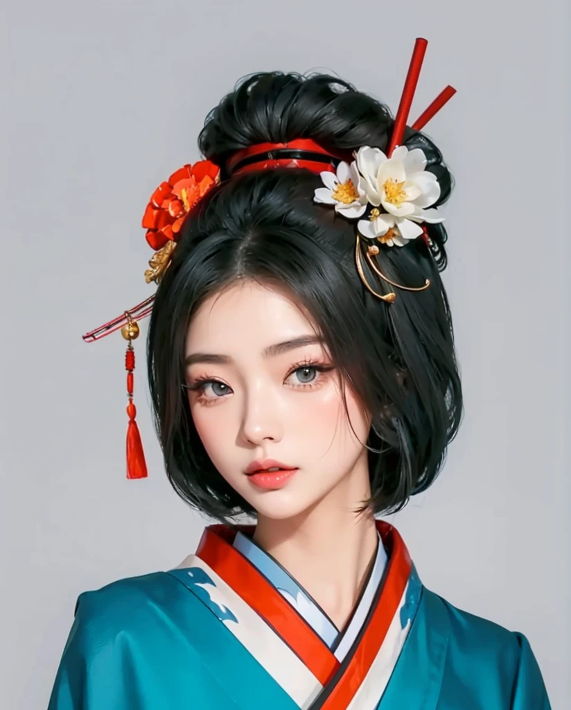 девушка в kimono, kimono в узорах. kimono, a geisha, красивая a geisha с темными волосами, a geisha стоит на облаках, character, красивый character, a geisha в красивом kimono, digital painting