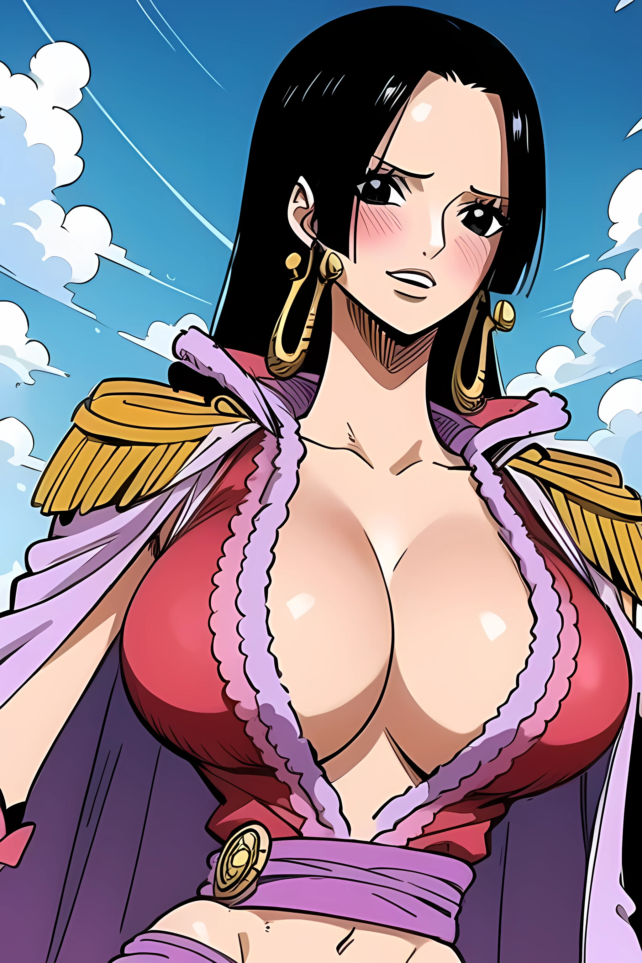 1girl, solo, female, big breasts, shining breasts, cleavage, blush, boa hancock, cape, epaulettes, jewelry, earrings, midriff, cleavage, sky, basic background