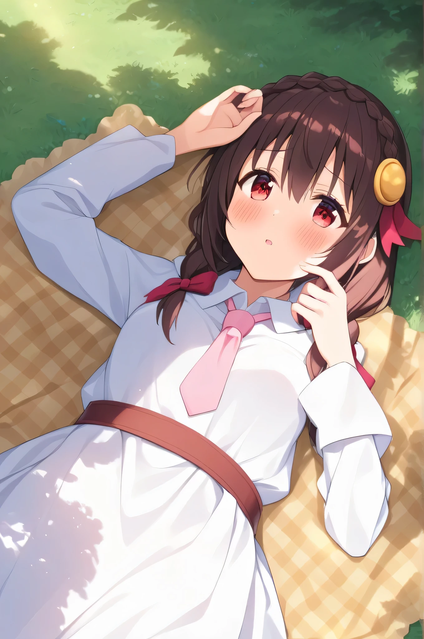 alone, One person, Yunyun, ♥、 (blush:1.5)、Crown braids of the same color as your hair、hair ornaments, Hair Ribbon, Pink tie, White dress, picnic、heart、♥、Sunlight filtering through the trees、Lying down