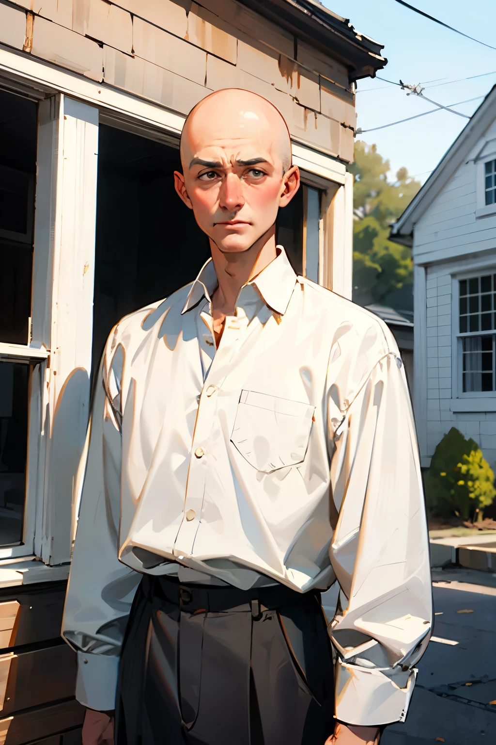 White man aged 21 with bald head with white shirt standing near an old house 