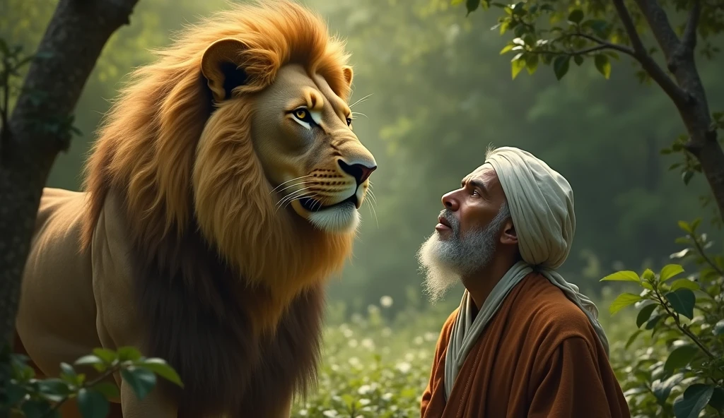 The lion speaks softly to Rajoo, looking a bit sad and hungry.
