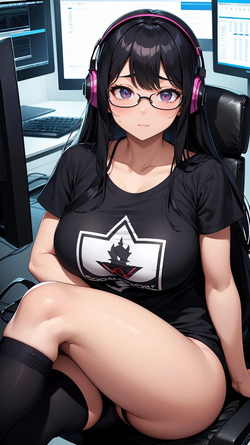One Woman、beautiful girl、Sit on a chair、big glasses、Dark Room、computer、Sit in a gaming chair、High-end headphones、Grip the game controller、computerに向き合う、beautiful girl, Highest quality, Tight T-shirt、Tight T-shirt、Game Geek、Thick thighs、big 、big Ass、Black Hair、Long Hair、bangs、Sweaty body、I'My whole body is sweating、Obscene sound effects、Excited、stripe々panties、Playing a mischievous game