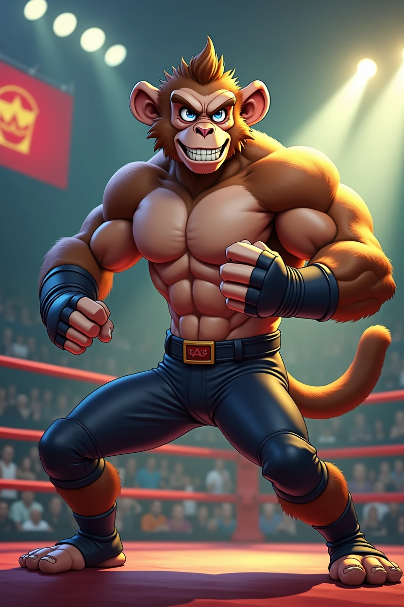 Detailed picture of a confident male wrestler anthro, (monkey, brown, lean body, long brown tail) in a wrestling ring, trending on Art Station, Ross Tran, ruan jia, foxovh, ((determined expression, gritting teeth, wearing wrestler pants, wearing wrestling protective gear, (((dynamic lighting,))), cartoon