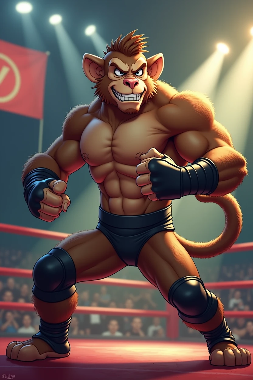 Detailed picture of a confident male wrestler anthro, (monkey, brown, lean body, long brown tail) in a wrestling ring, trending on Art Station, Ross Tran, ruan jia, foxovh, ((determined expression, gritting teeth, wearing wrestler pants, wearing wrestling protective gear, (((dynamic lighting,))), cartoon