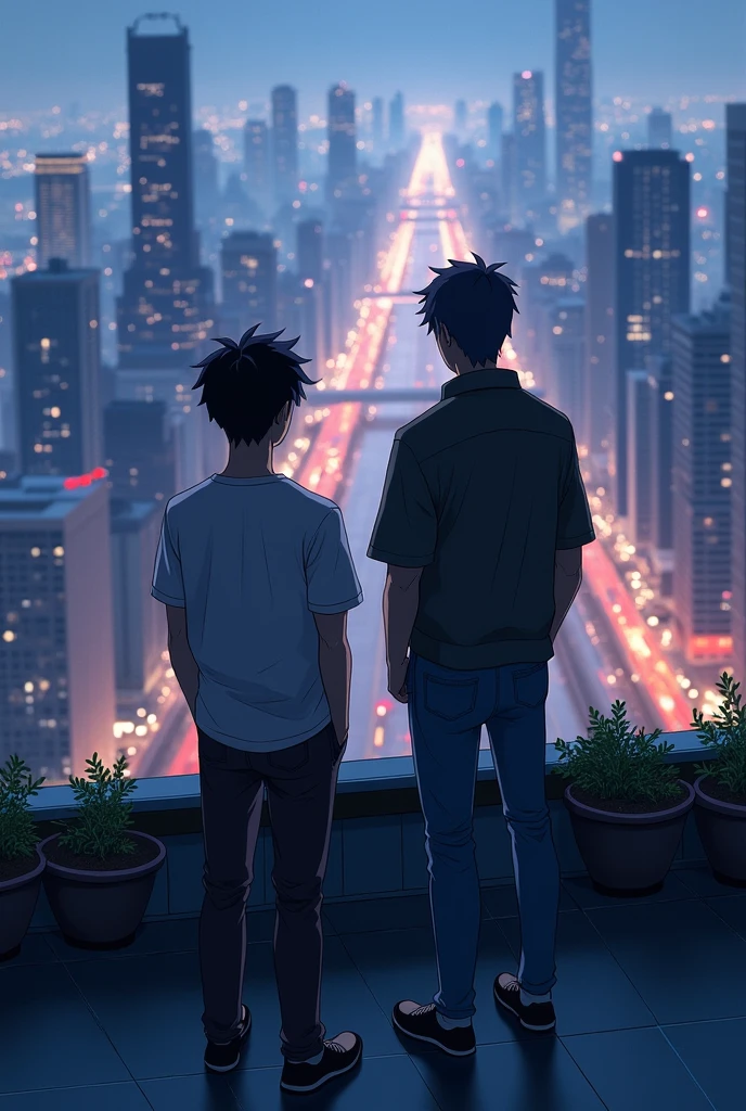 Two men are standing on the rooftop.
