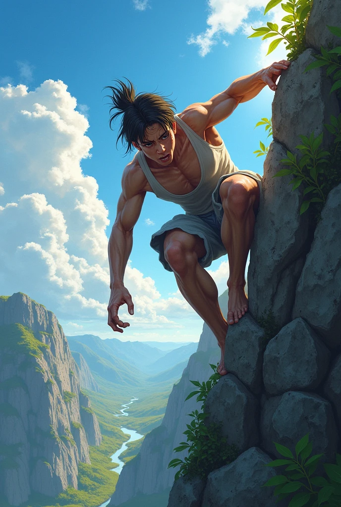 Holding on to the edge of a cliff with one hand，Sunny weather