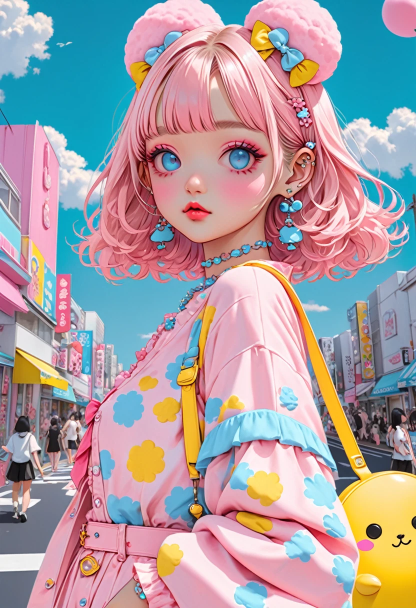 (best quality, masterpiece, ultra highres, ultra-detailed)kawaii, beautiful, Adorable dressed in pink, yellow, and sky blue color scheme. Wear clothes inspired by the sky with clouds and sky motifs. Her outfit is spongy and soft., With decorative accessories like hair tongs. She embodies a vibrant and modern Harajuku fashion style.summer,